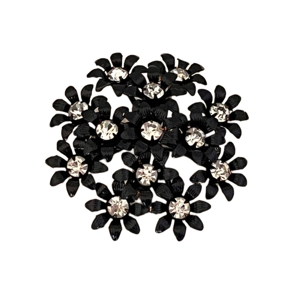 Vintage 1950s Japanned Black Floral Brooch Rhinestone Statement Mid Century- 1J